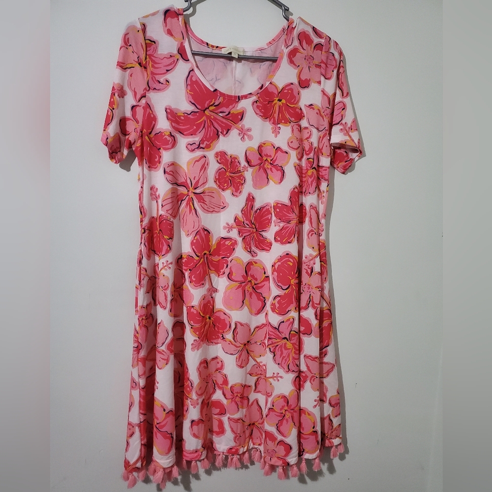 Simply Southern Pink Hibiscus Floral Tassel Hem Dress Small Preppy Summer